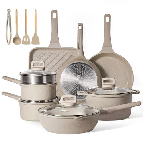 CAROTE Pots and Pans Set Non Stick, 16Pcs Kitchen Cookware Set, Stackable Induction Cookware, Pot and Pan set, Pans for Cooking, Taupe Granite | Amazon (US)