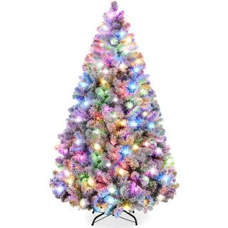 Pre-Lit Snow Flocked Artificial Pine Christmas Tree w/ Multicolored Lights | Best Choice Products 