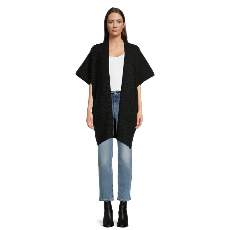 Time and Tru Women's Ribbed Sweater Cape with Pockets, Black Soot - Walmart.com | Walmart (US)