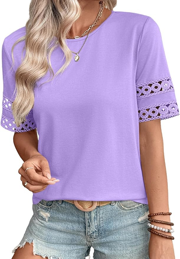 SHEWIN Womens T Shirts Crewneck Hollow Out Short Sleeve Blouses Tee Summer Tops for Women 2026 | Amazon (US)