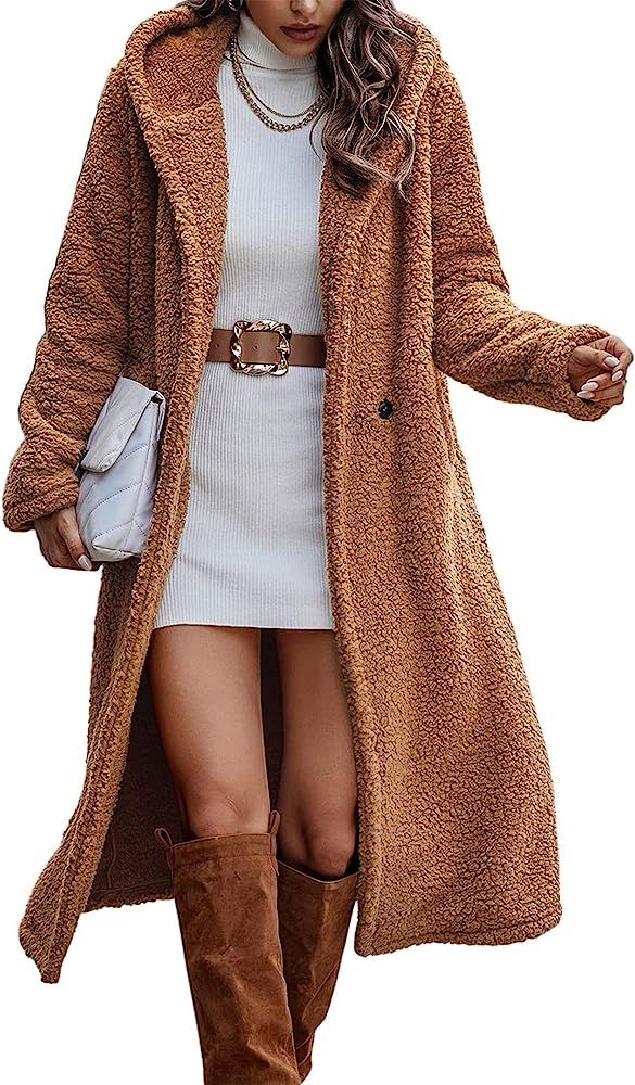 PRETTYGARDEN Women's 2023 Winter Coats Fuzzy Fleece Long Hooded Jackets Button Down Faux Fur Warm Ou | Amazon (US)