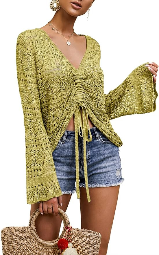 Saodimallsu Womens Boho Off Shoulder Sheer Crop Tops Bell Sleeve Flowy Oversized Crochet Ruched P... | Amazon (US)
