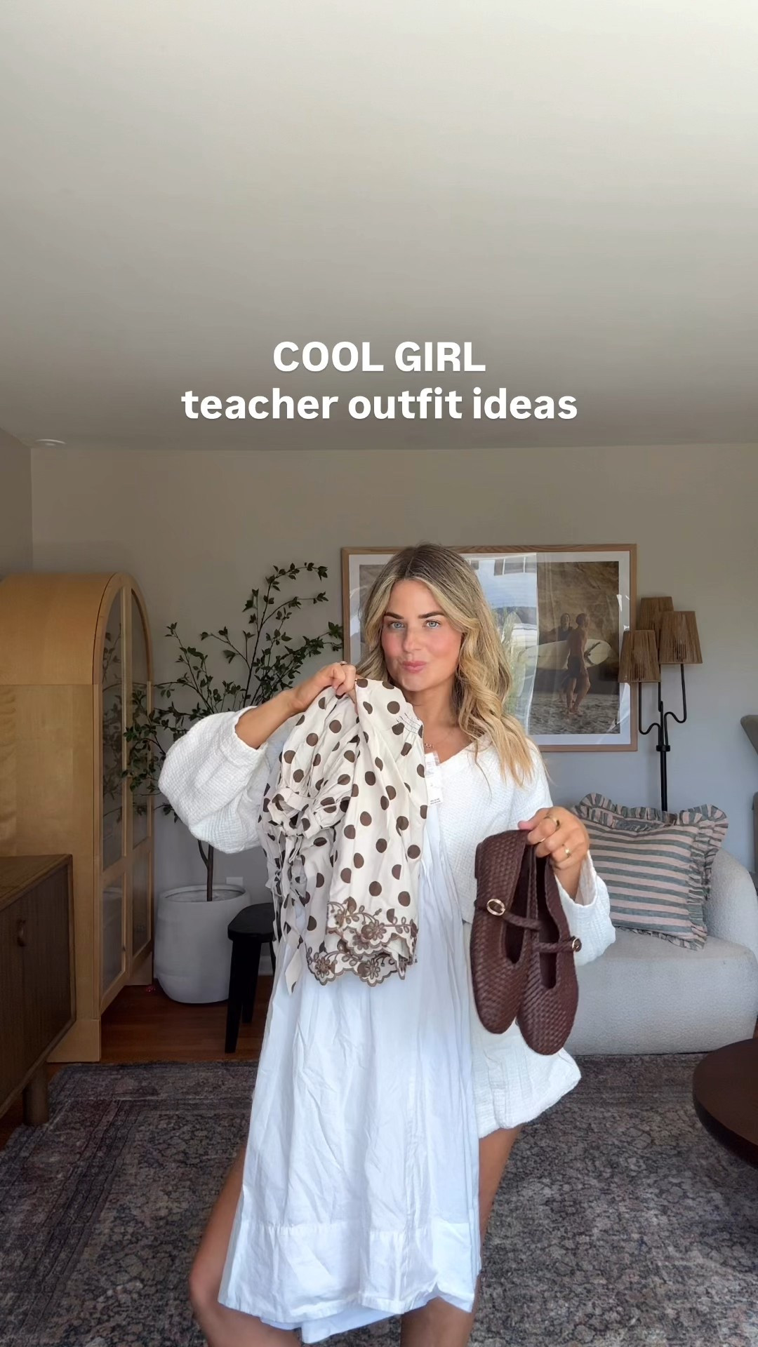 Teacher outfit ideas I love! A white midi skirt and polka dot top. Flats are so comfy too