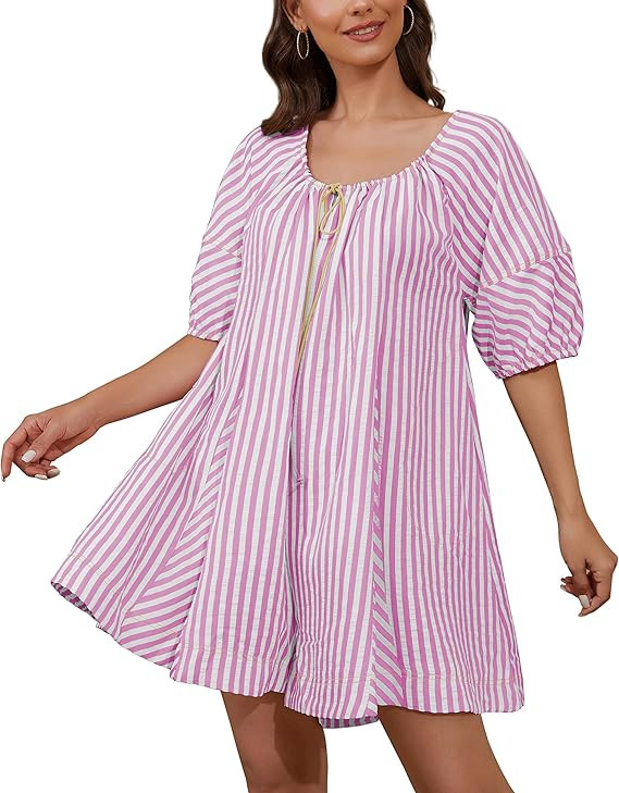 Women's Striped Summer Rompers Puff Short Sleeve Oversized Jumpsuits Casual Vacation | Amazon (US)