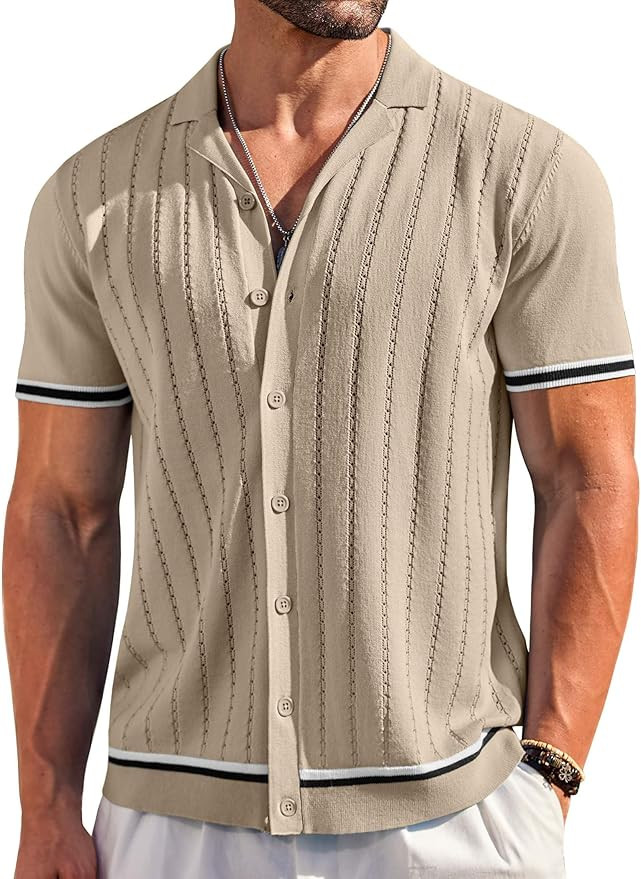 COOFANDY Men's Short Sleeve Knit Shirt Casual Button Down Shirt Vintage Striped Knitted Golf Beac... | Amazon (US)