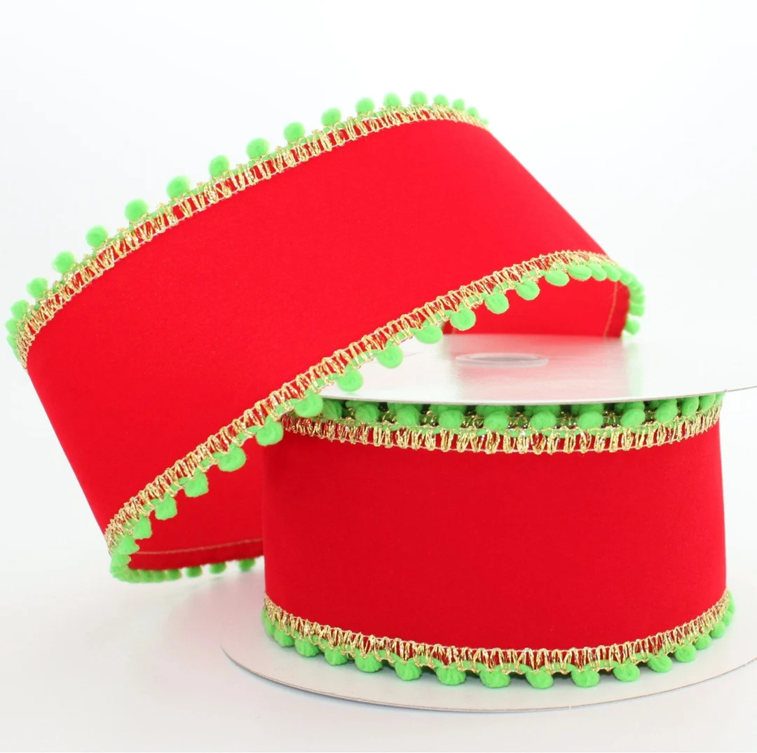 10 Yards Red Velvet Gold Stitch Lime Chenille Wire Edge Ribbon - Ribbon for Wreaths, Christmas Ri... | Etsy (US)