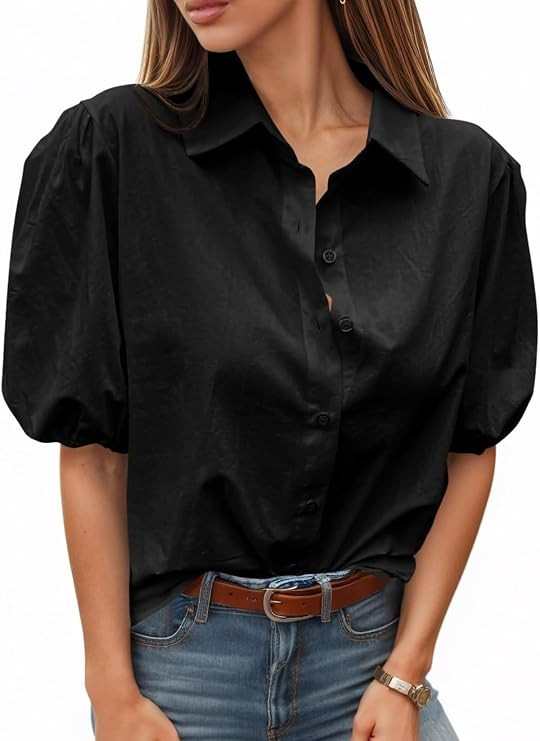 Womens Short Puffy Sleeve Button Down Shirts Casual Collared Blouses Balloon Sleeve Summer Tops | Amazon (US)