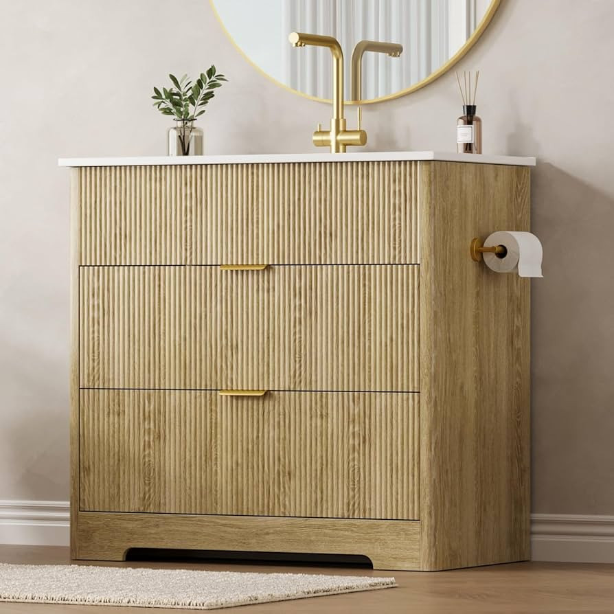 35" Fluted Bathroom Vanity with Sink and Drain Pipe, Freestanding Bathroom Vanity Cabinet with 2 ... | Amazon (US)