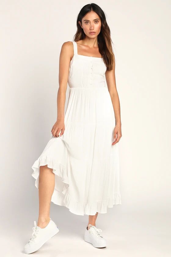 Bound for Barcelona White Tiered Button-Front Midi Dress | Lulus (US)
