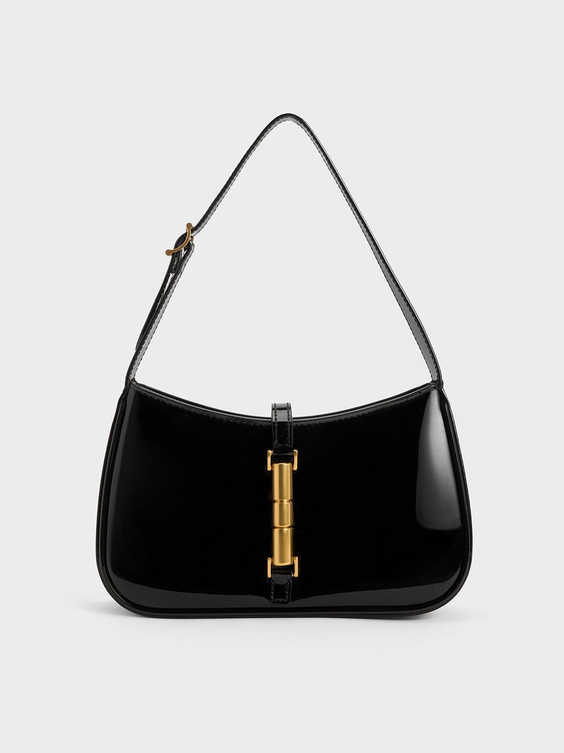 Cesia Patent Metallic Accent Shoulder Bag
 - Black Patent | Charles & Keith UK