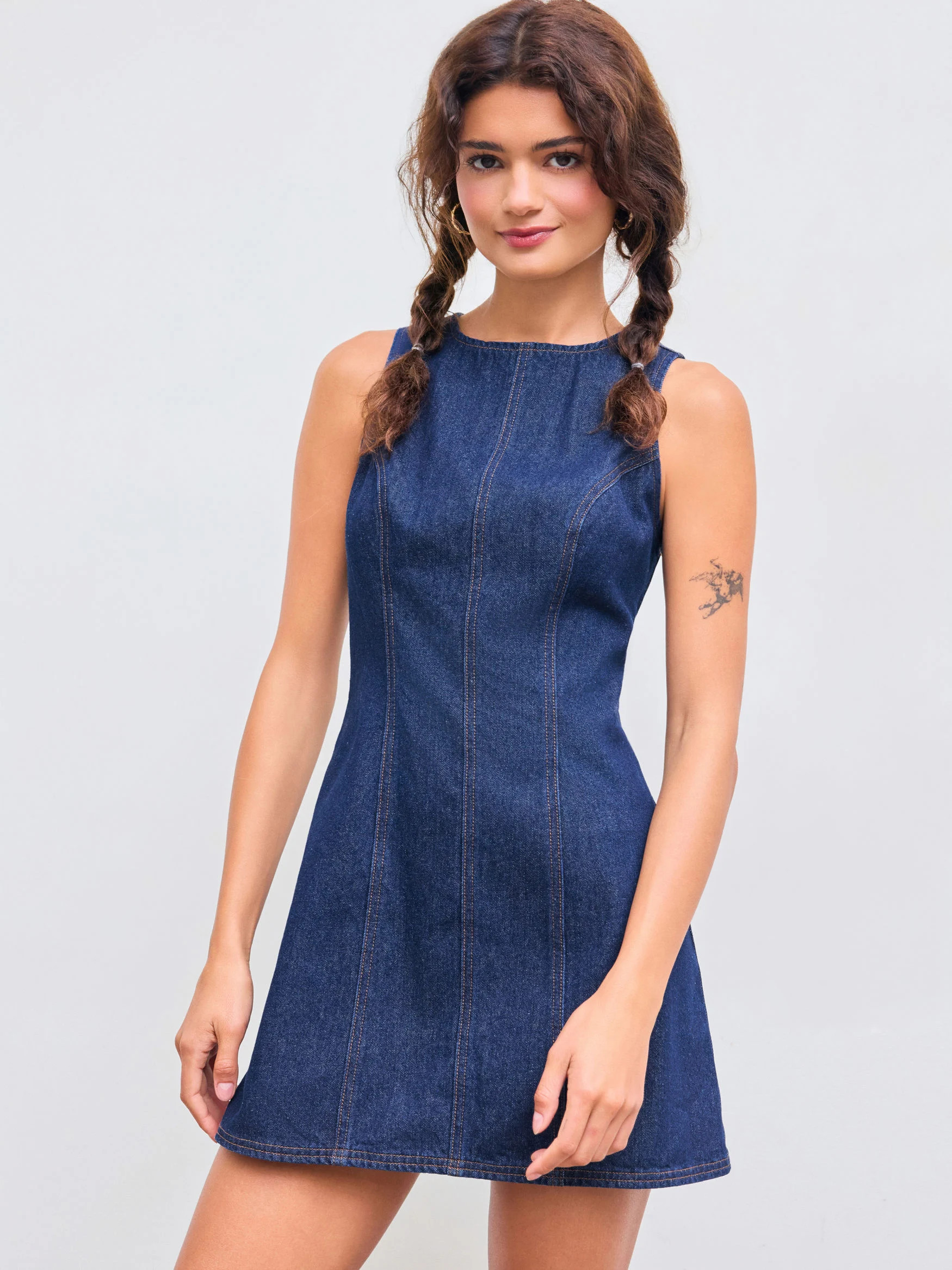Denim Solid Zipper Sleeveless Mini Dress | Cider