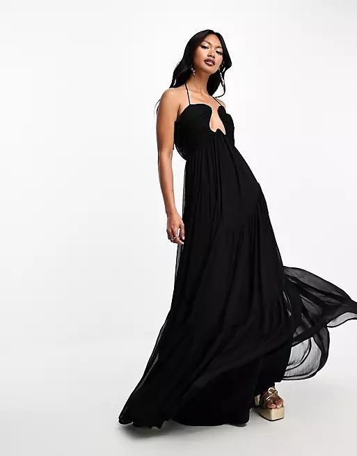 ASOS DESIGN curved bar neckline tiered maxi dress in black | ASOS (Global)