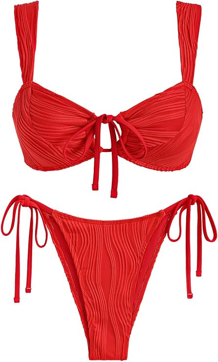 ZAFUL Women's Cinched Bikini Solid Color Wave Textured Knotted Tied Side Two Piece Swimsuit Bathi... | Amazon (US)