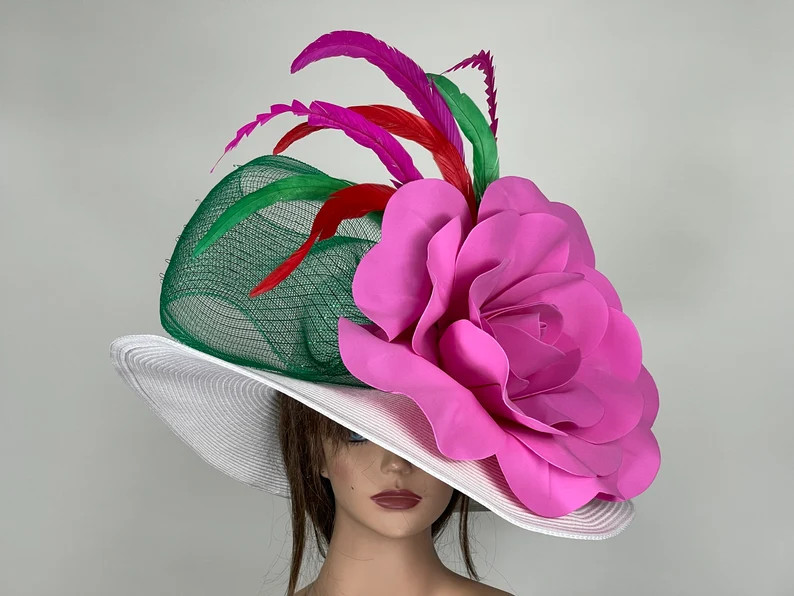 SALE White Pink Green Derby Hat Woman Party Kentucky Derby Tea Hat Wedding Cocktail Party Hat Chu... | Etsy (US)