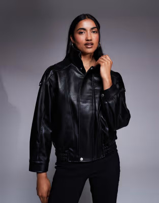 River Island batwing sleeve funnel neck faux leather jacket in black | ASOS | ASOS (Global)