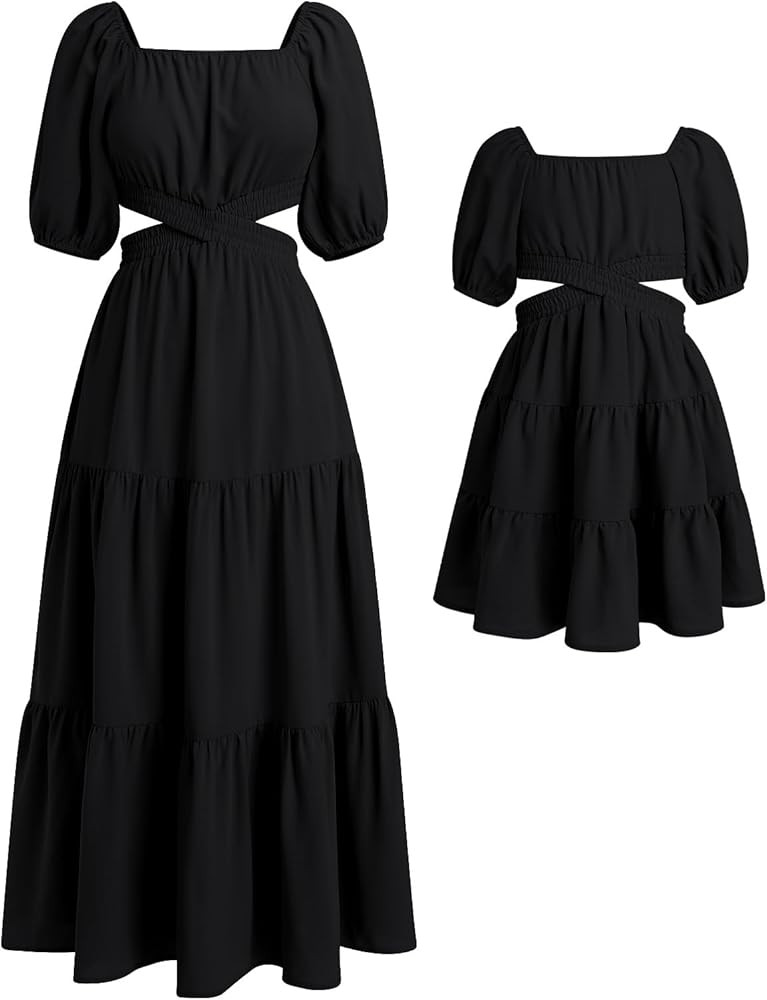 AWIBMK Mommy and Me Dresses Square Neck Solid Color Ruffled Dress with Pockets Summer Cutout Wais... | Amazon (US)