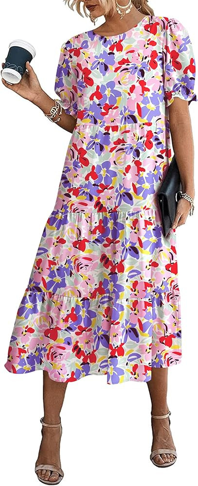 PRETTYGARDEN Women's Summer Casual Boho Dress Floral Print Ruffle Puff Sleeve High Waist Midi Bea... | Amazon (US)