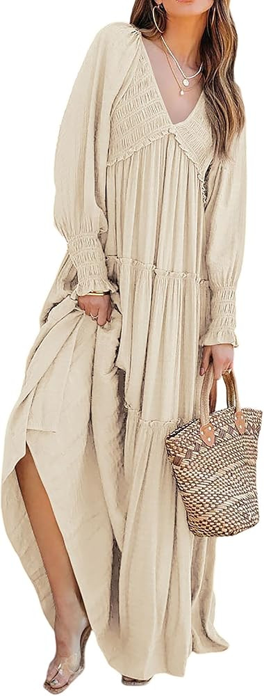 R.Vivimos Maxi Dress for Women Long Sleeve V Neck Empire Waist Layered Ruffle Boho Casual Flowy L... | Amazon (US)