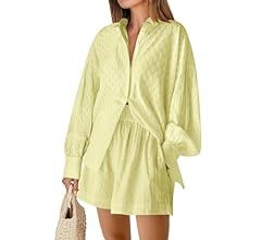 Caracilia Women's Summer 2 Piece Outfits Button Down Shirt and Shorts Matching Lounge Set Trendy ... | Amazon (US)