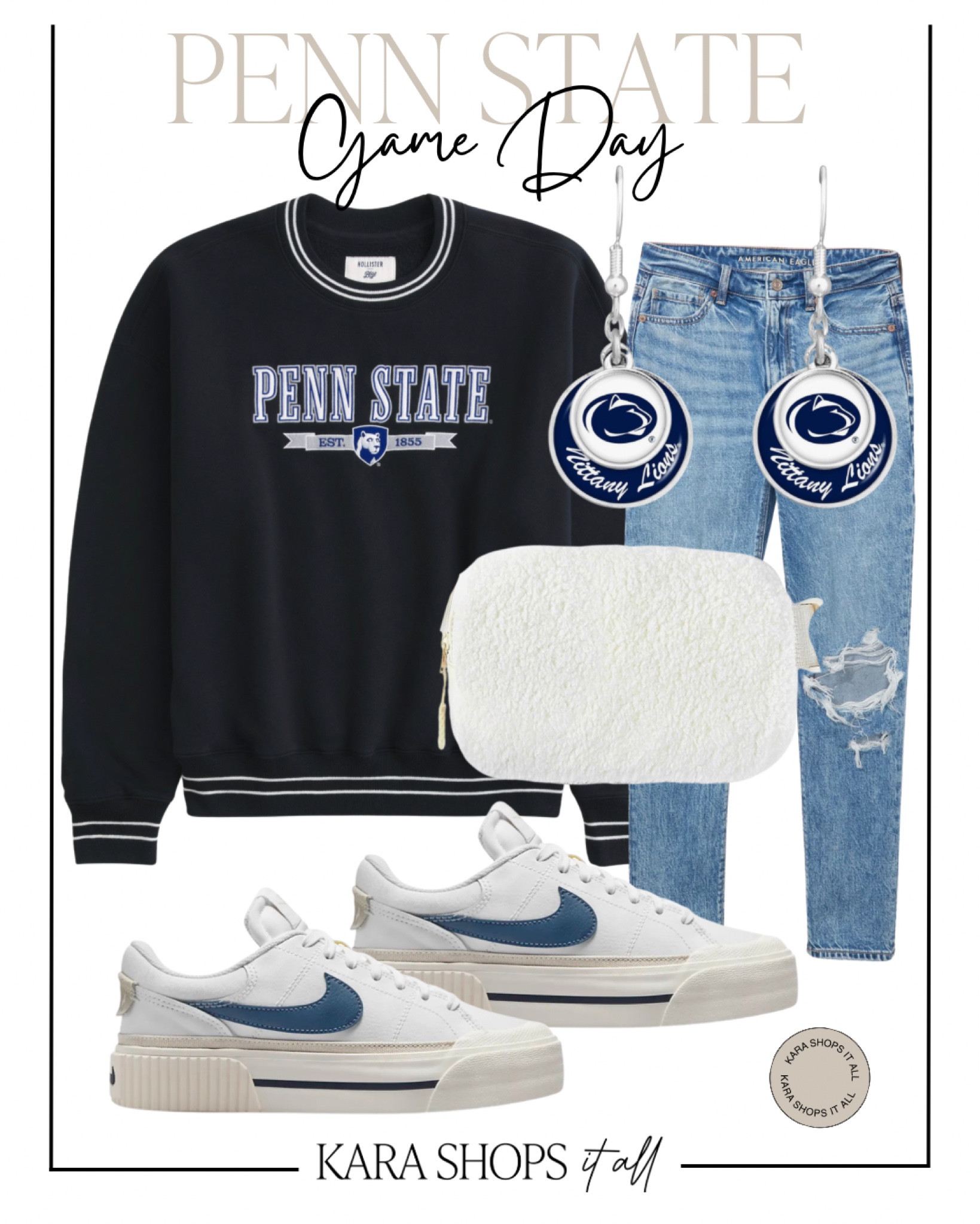 Penn State game day outfit! Shop the best outfits from Amazon and American eagle! Sneakers, jeans, crewneck, earrings, belt bag! 

#LTKFallSale #LTKStyleTip #LTKSaleAlert