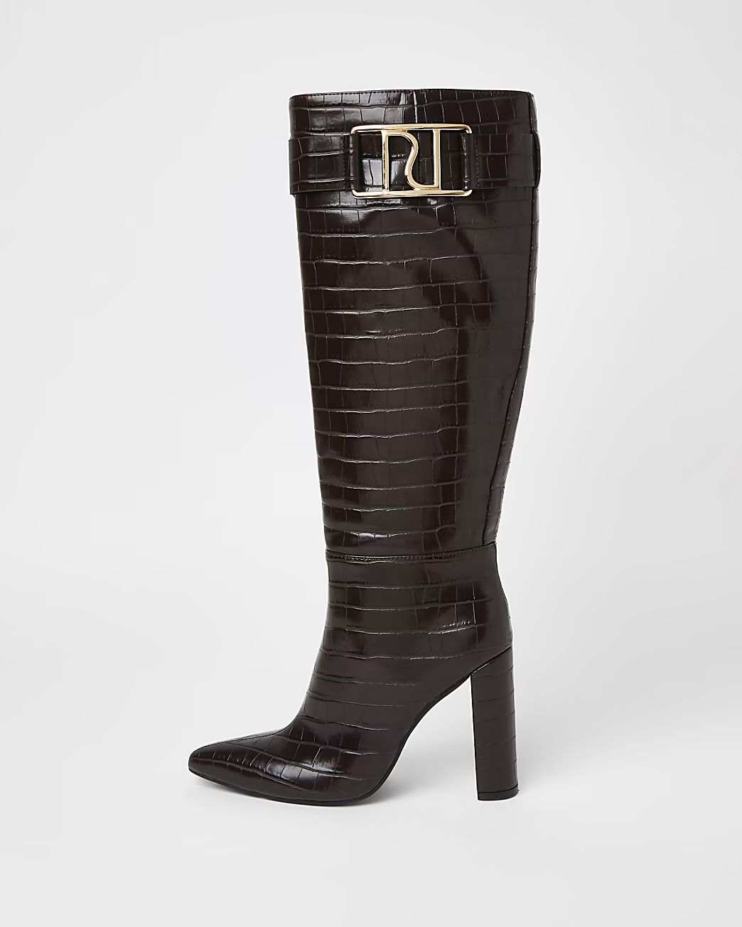 River Island Womens Brown faux croc knee high heeled boots | River Island (US)