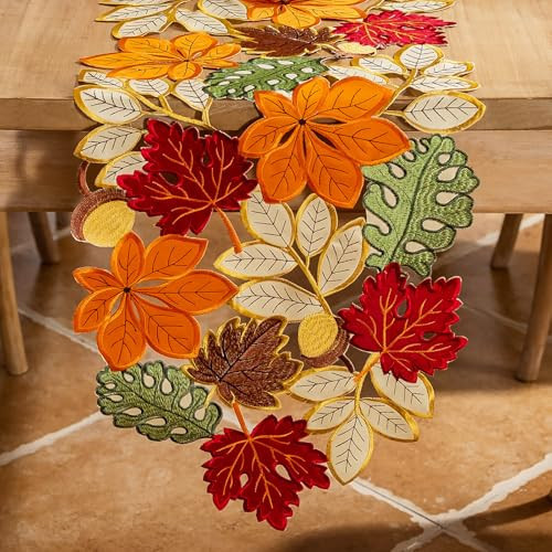 Joyfol Day Fall Table Runner 14 x 69 inch, Thanksgiving Harvest Colorful Maple Leaves Table Runners, Cutwork Embroidered Autumn Table Decoration for Home Dining Kitchen Party | Amazon (US)