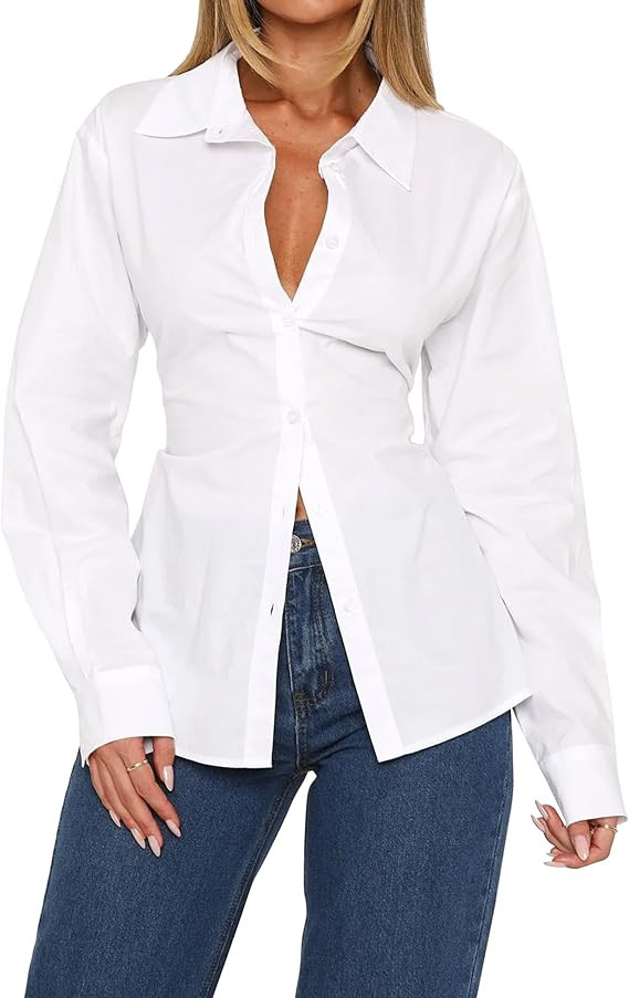 MISSACTIVER Women's Lapel Collar Button Down Shirt Cinch Waist Long Sleeve Casual Work Dressy Tun... | Amazon (US)