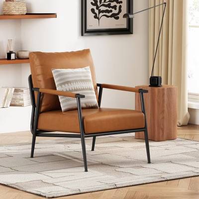 Zeus & Ruta Mid-Century Modern Faux Leather Upholstery Accent Lounge Chair with Padded High Backrest and Metal Frame - Brown | Target