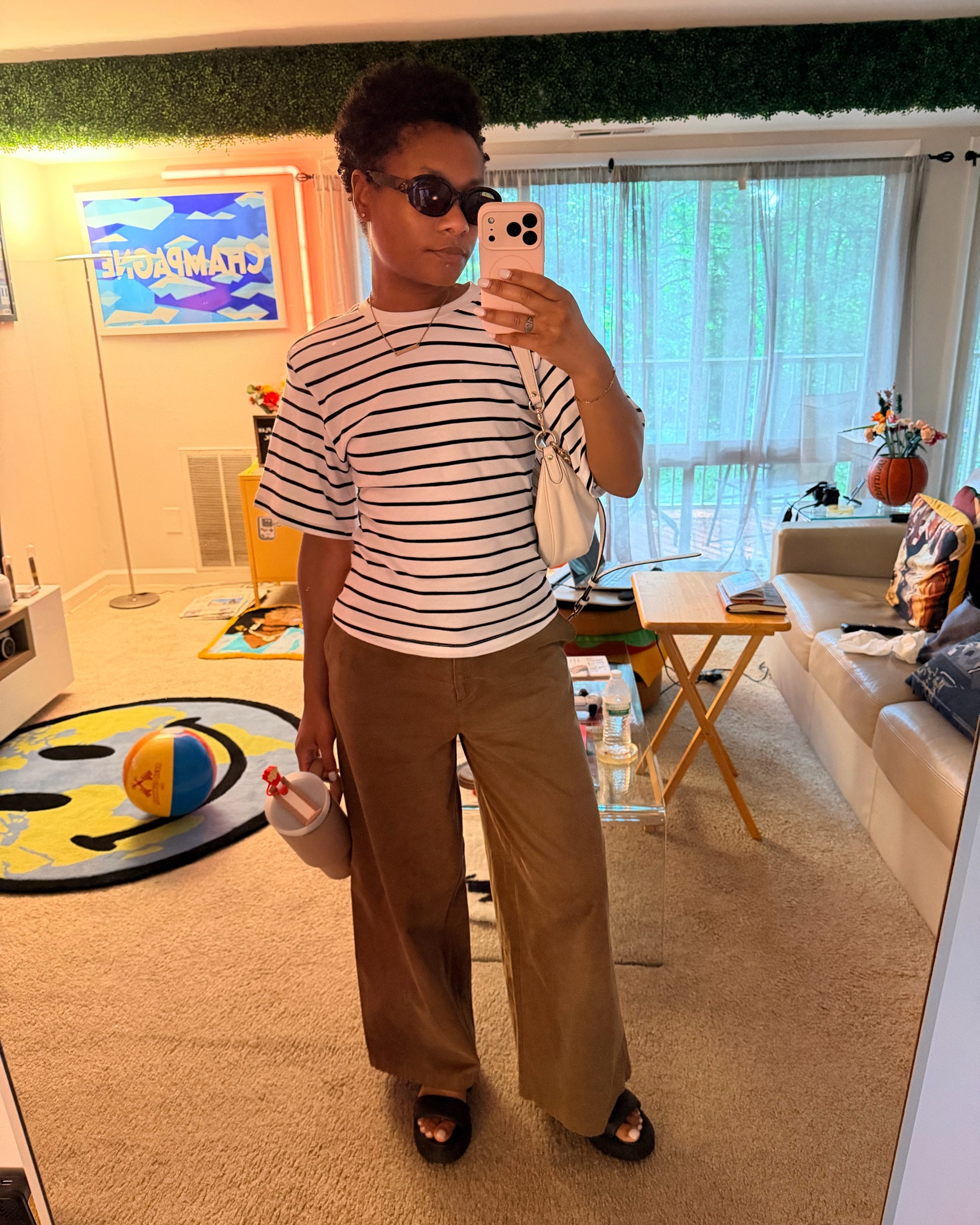 An easy spring outfit: classic stripe shirt, wide leg pants and a platform sandal. These are one of the comfiest sandals I own right now.