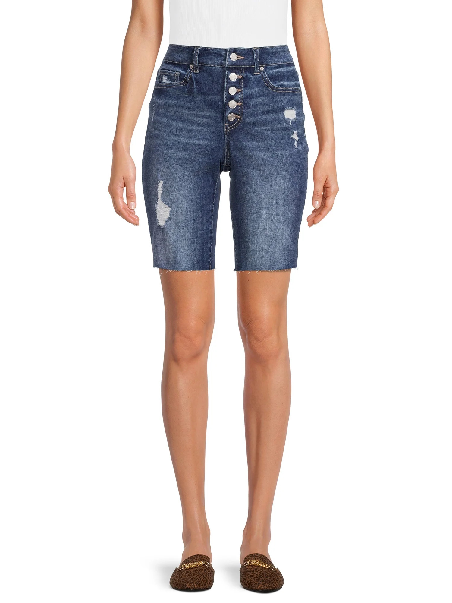 Time and Tru Women's High Rise Button Fly Denim Bermuda Short | Walmart (US)