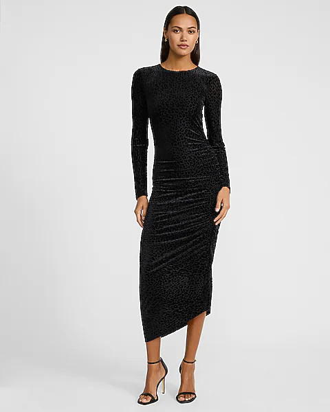 Leopard Burnout Crew Neck Long Sleeve Ruched Midi Dress | Express