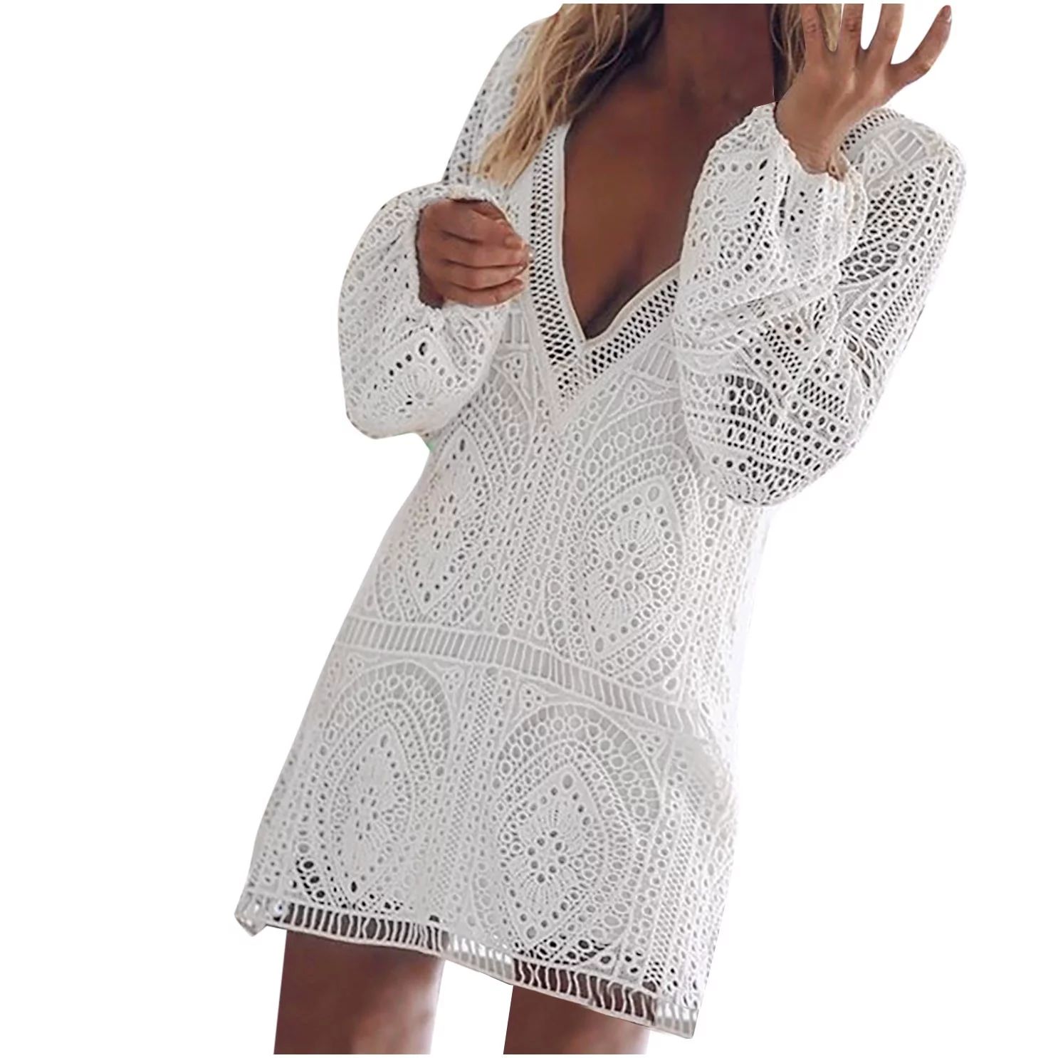 White Dress Women Cutout Long Sleeve Plunge Neck Beach Mini Dress Lace Solid Casual Short Boho Su... | Walmart (US)