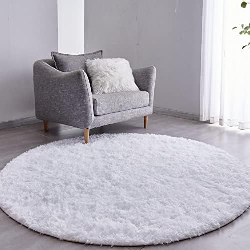 FJZFING White Round Rug Ultra-Soft Plush Modern 4x4 Circle Area Rug for Kid's Bedroom, Fluffy Shag C | Amazon (US)