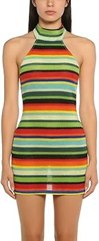 Colorful Stripe Halter Women Sexy Backless Bandage Knit Thin Sleeveless Dress Green at Amazon Wom... | Amazon (US)