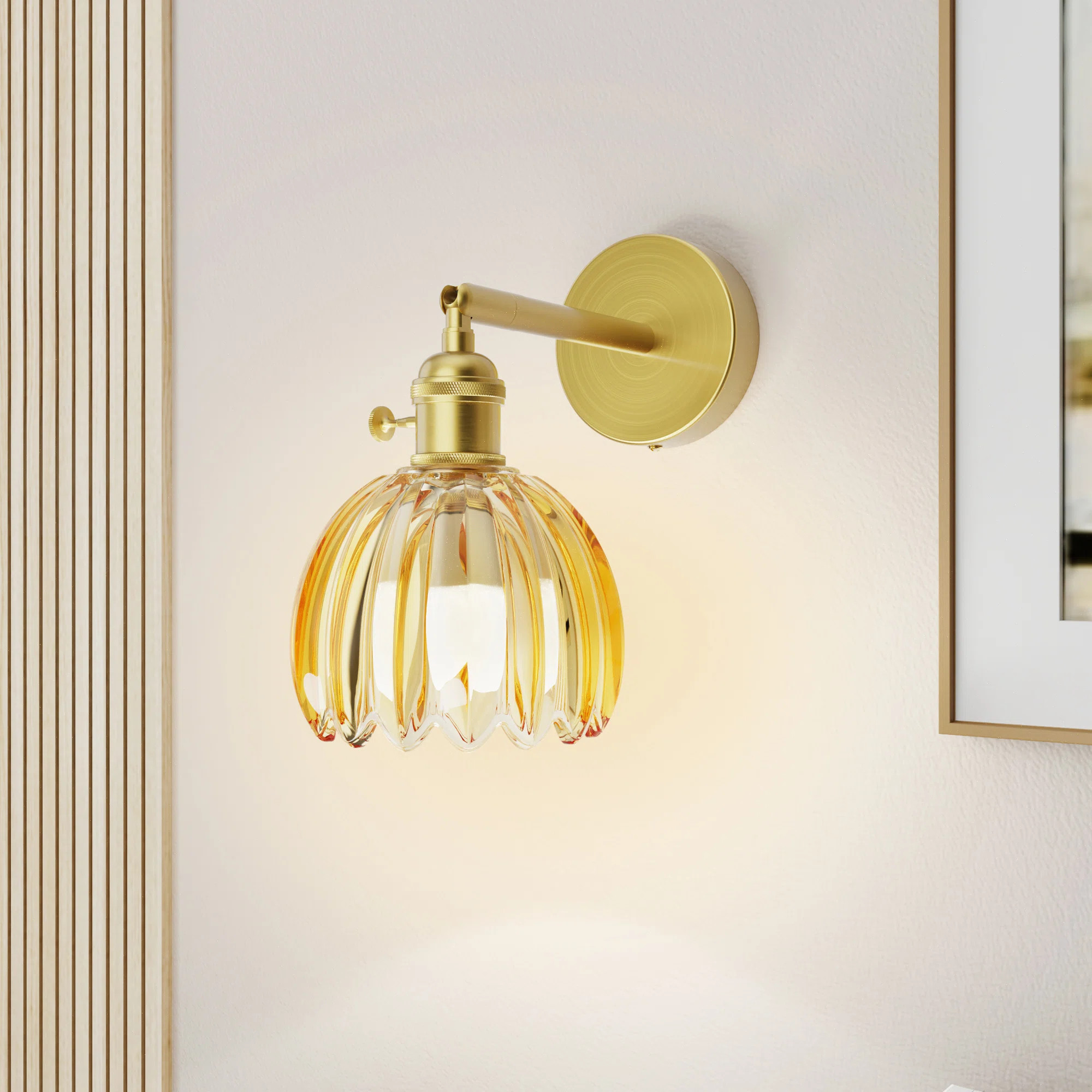 Adjustable Steel Arm Wall Sconce with Tulip Glass Shade, 180° Swivel Brass Finish, Hardwired Bed... | Wayfair North America