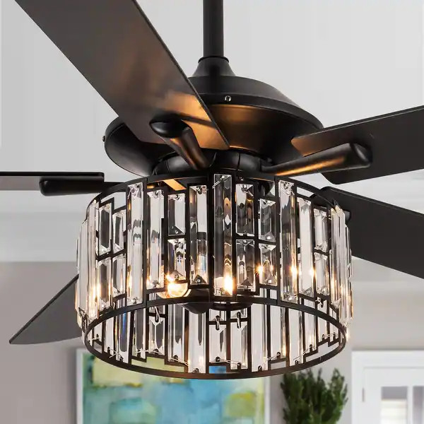 52" Matte Black Wood 5-Blade Crystal Ceiling Fan with Remote - Bed Bath & Beyond - 34481176 | Bed Bath & Beyond