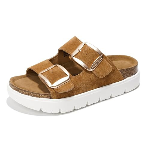 Project Cloud Genuine Leather Platform Sandals Women Footwear - Wedge Chunky Sandals Womens sandals with Memory Foam Insole and Cork Footbed (GREECECHUNKY,CHSTNUTSUEDE, 5.5) | Amazon (US)