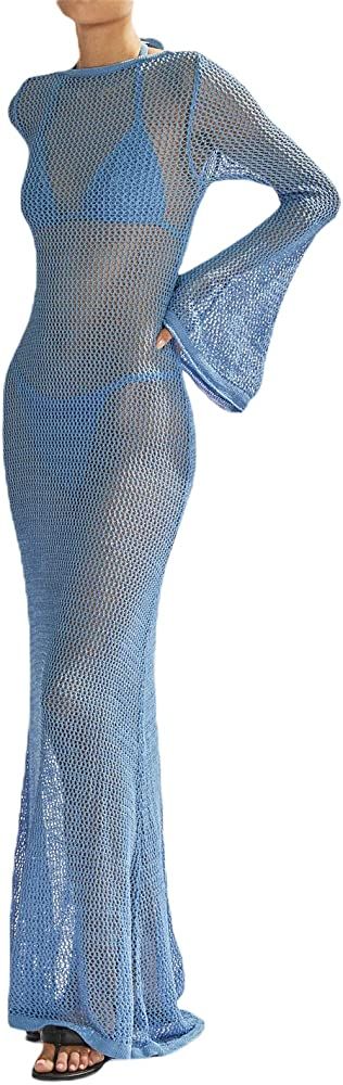 Women Crochet Knit Cover Up Maxi Dress Y2K Sheer Mesh Long Dress Sexy Backless Bikini Bathing Sui... | Amazon (US)
