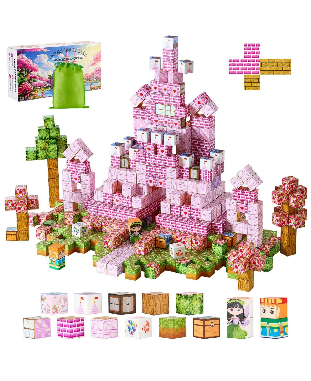 Mecale Magnetic Blocks 100-Piece Princess Castle Magnetic Cube Building - Pink | Macy's