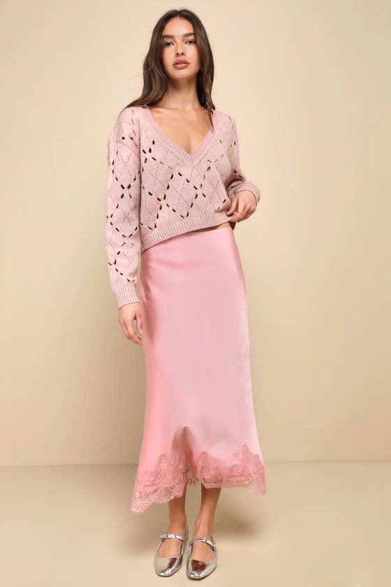 Blissful Nature Blush Pink Satin Lace High-Rise Midi Skirt | Lulus