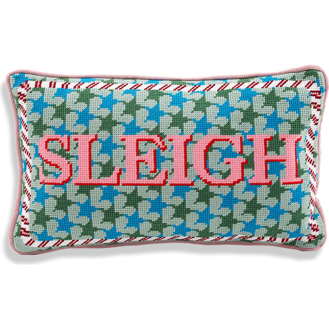 Sleigh Needlepoint Pillow, Blue, Pink | Maisonette