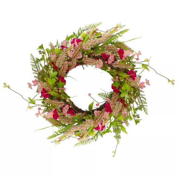 Northlight Spring Floral Foliage and Berry Twig Wreath, Pink 21" | Target