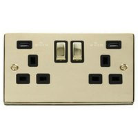Polished Brass 2 Gang 13A dp Ingot 2 usb Twin Double Switched Plug Socket - Black Trim Se Home | ManoMano UK