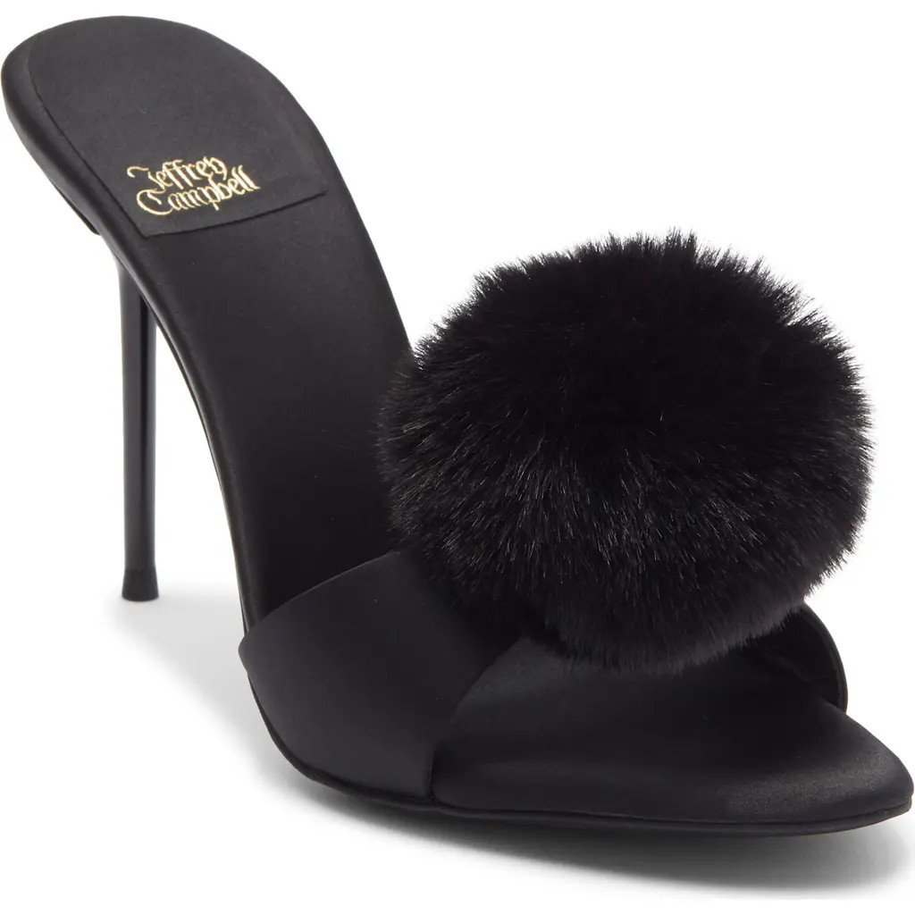 Jeffrey Campbell Shopaholic Faux Fur Pom Slide Sandal in Black Satin Combo at Nordstrom, Size 8.5 | Nordstrom