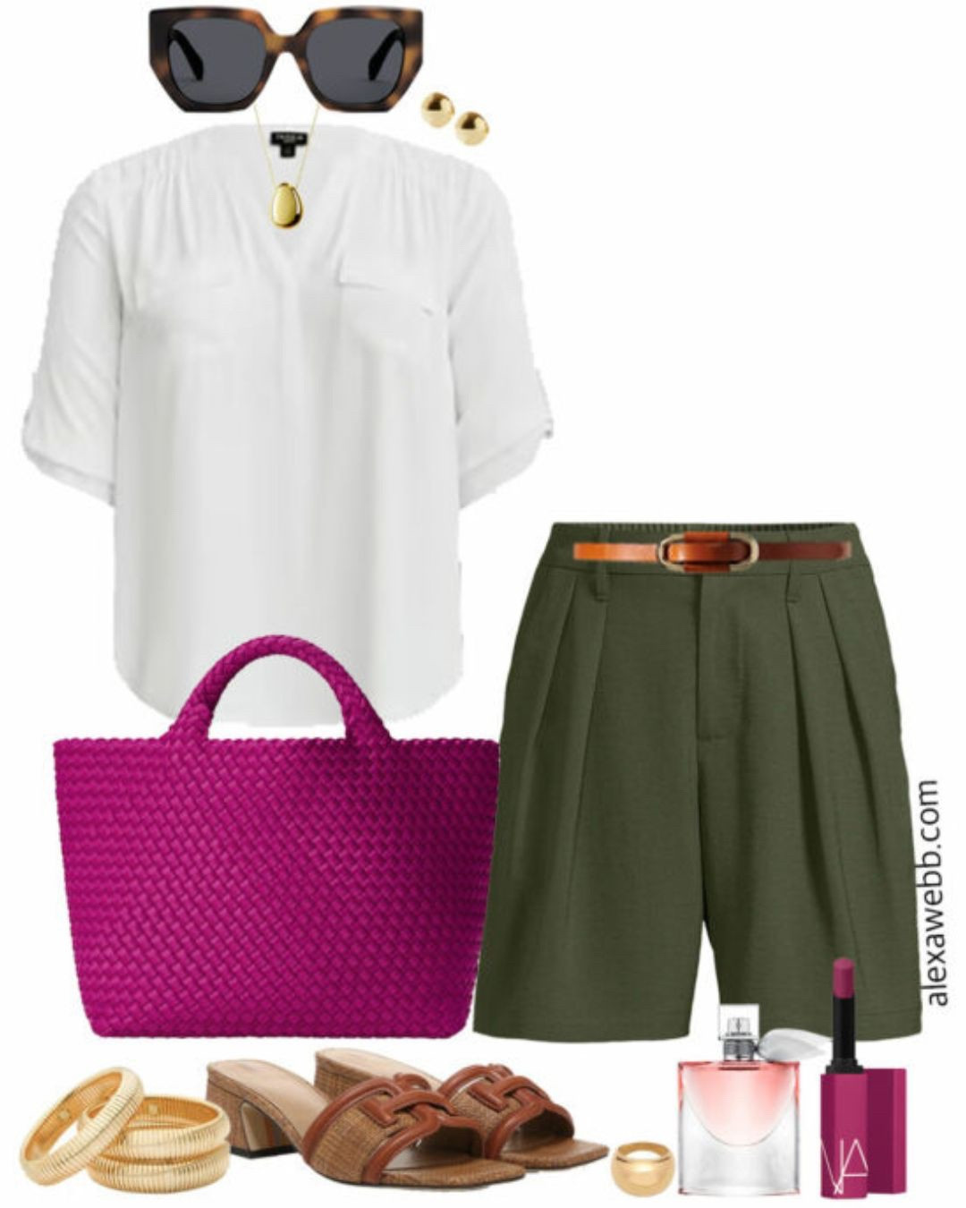 Plus Size Green Shorts Outfits - A plus size casual outfit idea that can be worn on hot days this spring and summer. A pair of plus size pleated shorts in green with a white blouse and a bright magenta or fuchsia woven tote bag with sandals and sunglasses. So chic for casual outings or even casual dinners. Alexa Webb

#LTKSeasonal #LTKPlusSize #LTKStyleTip
