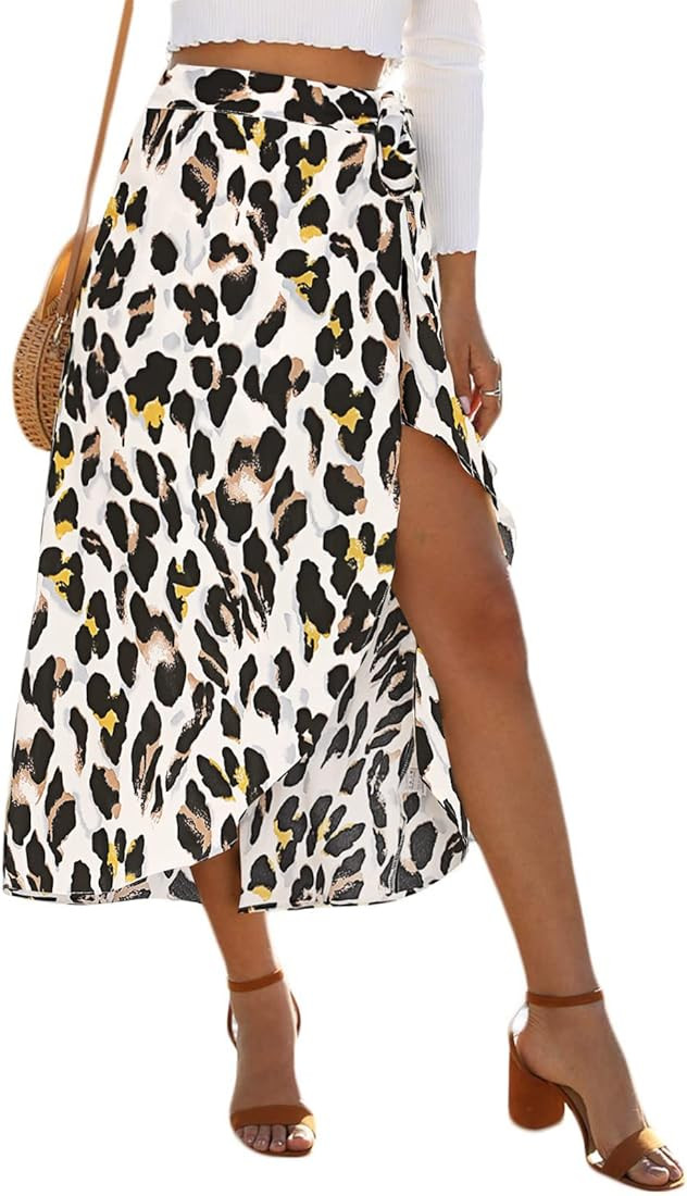 Newchoice Women's Boho Leopard Skirt High Low Split Summer Beach Midi Wrap Skirts | Amazon (US)