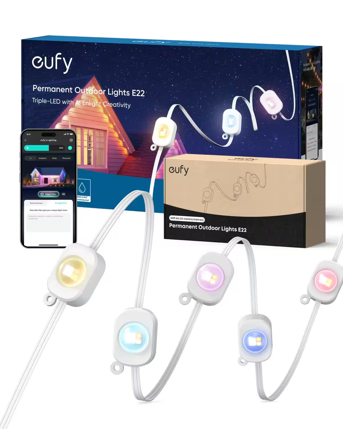 eufy - Permanent Outdoor Lights E22, 150ft 90 Triple‑LED, Smart RGBWW, AI Themes, IP67, Camera Link, Halloween & Christmas | Best Buy U.S.
