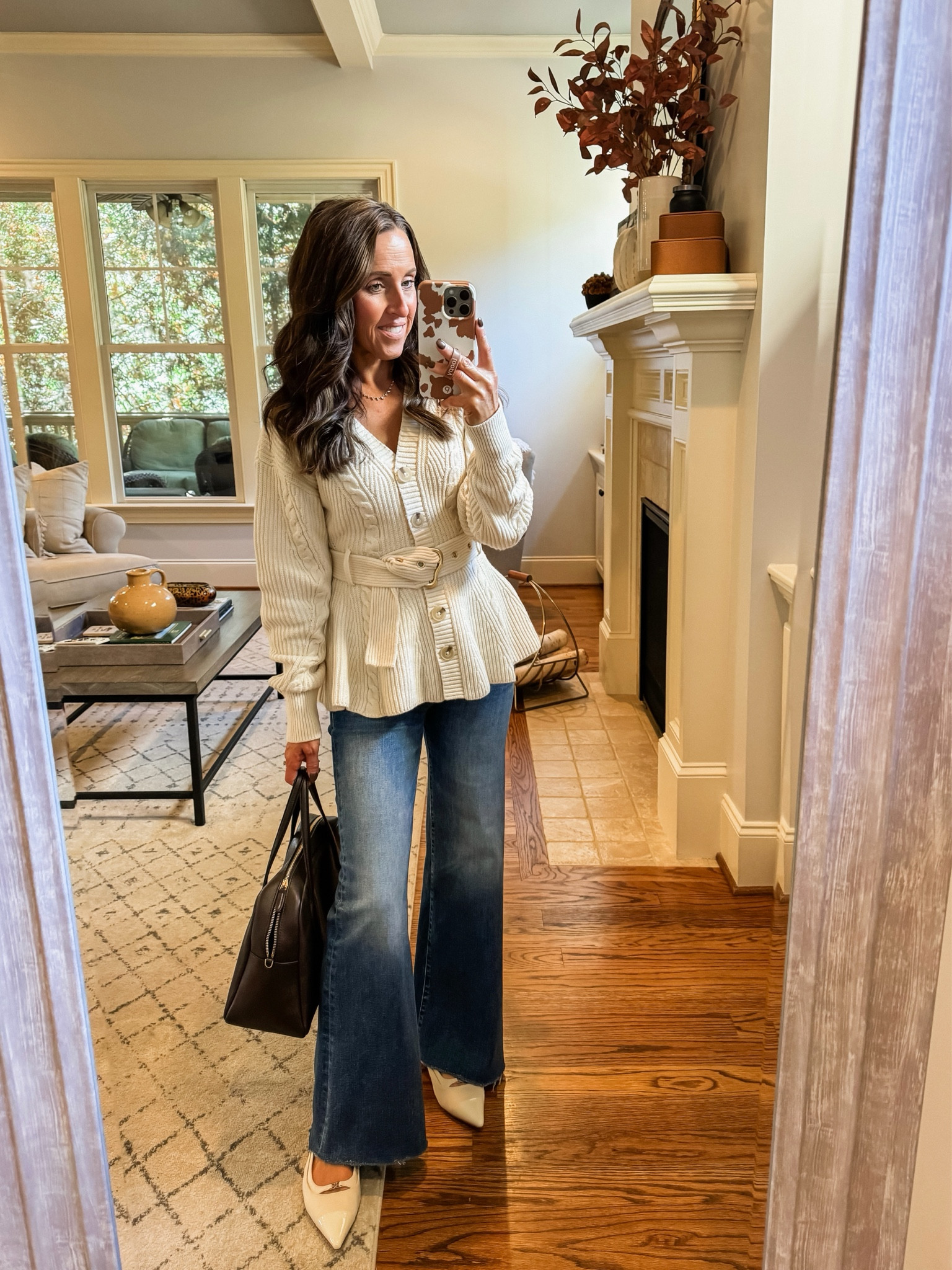 Fall belted cardigan sweater. Anthropologie sweater. Madewell top handle bag. 
Sweater S. Jeans TTS, 25. Slingbacks TTS

#LTKItBag #LTKSeasonal #LTKOver40