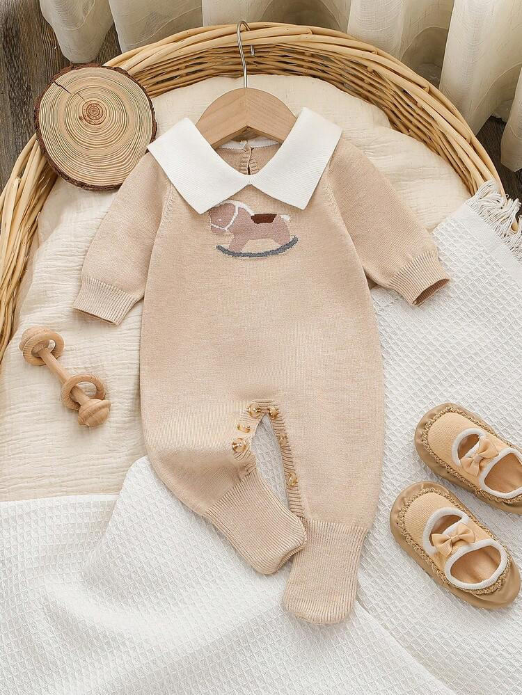 SHEIN Baby Boy Casual Rocking Horse Pattern Lapel Long Sleeve Sweater Romper, Autumn/Winter Baby ... | SHEIN