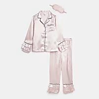Girls Pink Heart Satin 3 piece pyjama set | River Island (UK & IE)